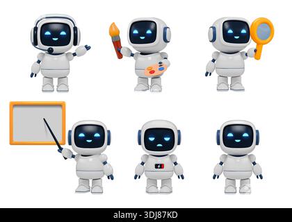 3d robot. Ai education icon, cute school computer research, cyborg teacher render isolated character hold brush and paint, magnifier glass. Artificial intelligence for business. Vector illustration Stock Vector