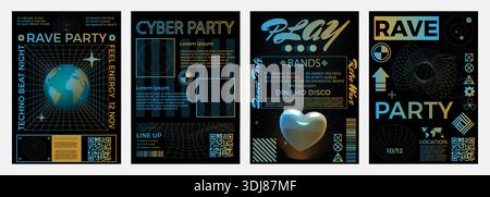 Rave flyers. Psychedelic techno 90s background. Trendy retro Y2K poster or abstract 3D globe art. Disco party. Digital geometric stickers. Silver gradient frame. Vector banners design templates set Stock Vector
