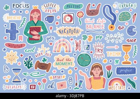 Planner stickers. Girl diary, school or food journal, woman gift notebook decertation with sun, rainbow and flowers. Daily scrapbook quote. Motivation phrases, agenda notes. Vector cute isolated set Stock Vector