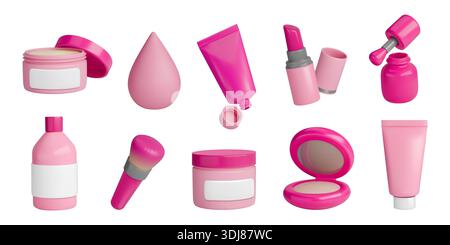 3D beauty icons. Facial mask cream. Makeup product or SPF lotion tube. Colorful Korean lipstick. Cute cosmetic brush and sponge. Face powder with mirror. Pink nail polish. Vector render objects set Stock Vector