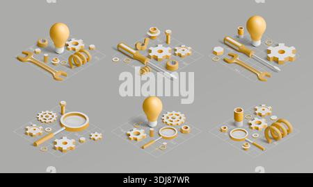 Isometric light bulb. 3D creative technology. Innovation science idea or cogwheel gear for engineering industry. Repair tools. Magnifying glass for idea searching. Lamp lightbulb. Vector concepts set Stock Vector