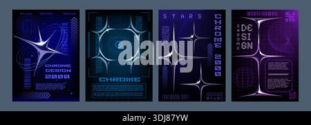 Y2k chrome poster. 3d retro holographic matrix, futuristic digital 2000s silver background. Vertical dark colors banners collection, flyer or cover design with metallic effect. Vector illustration Stock Vector