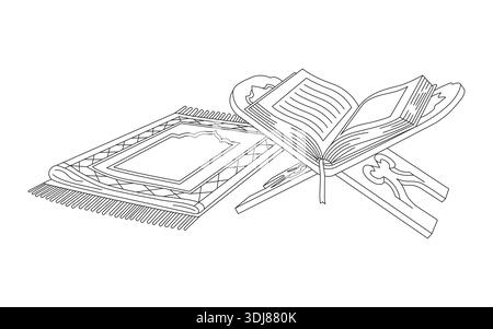 Holy Quran on Rehal with Prayer Mat Islamic Line Art Illustration for Ramadan and Eid Mubarak Stock Vector