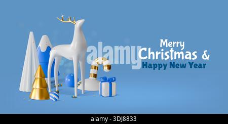 3d new year background. Christmas tree, merry Xmas happy holiday or winter card decor. Minimal season ornament. Cute forest animal deer, gift and candy cane, glass toys on blue. Vector festive card Stock Vector