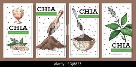 Chia posters. Plants and grains sketch illustration for background design. Vegan superfood hand drawn diet products. Spoon with seeds and paper packaging. Healthy desserts flyer. Vector cards set Stock Vector