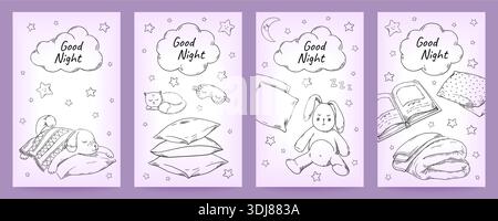 Sweet dream cards. Good night. Cute sleepy plush toy or pet dog on pillows. Hand drawn sketch. Rabbit napping under blanket. Fiction book. Cat sleeping. Sky stars. Vector bedtime banners design set Stock Vector