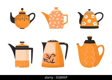 Beautiful teapots. Decorative ceramic kitchen cozy tableware with floral ornament brewing tea. Cute design orange vintage porcelain for hot beverages. Vector cartoon flat style isolated illustration Stock Vector