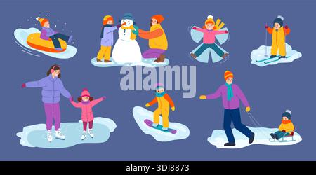 Winter family. Christmas snowball woman and man game, child in nature snow park, happy kid holiday. Happy parents with children outdoors together. Vector cartoon flat style isolated illustration set Stock Vector