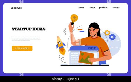 Business web page design. Landing page startup. Woman sitting and working at computer desk, idea lamp symbol and rocket success, employee occupation. Vector cartoon flat style isolated illustration Stock Vector