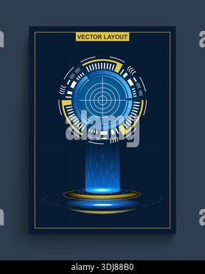 3D technology. Hologram crosshair or radar. Circle portal. Goal circular frame. Virtual dashboard with glow light. Tech panel. Cyber empty podium. Sci-fi aim. Ray projector. Vector futuristic banner Stock Vector