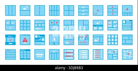 UX UI kit. Web flow wireframe. Website interface or flowchart mockup elements for mobile site. Video player. Map navigation. Browser window. Messenger chat. Picture album. Vector design templates set Stock Vector
