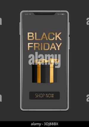 Smartphone interface. Black Friday discount. Web sale. Gift box with golden ribbon. Online shopping app. 3D phone display. Realistic mobile touchscreen. Store marketing. Vector cellphone UI template Stock Vector