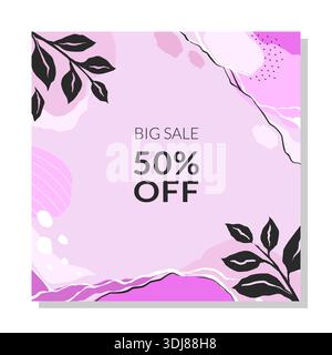 Big sale card. Discount social media post, square frame design. flyer or poster on abstract background, elegant leaves. Promotional marketing special offer for shopping. Vector templates illustration Stock Vector