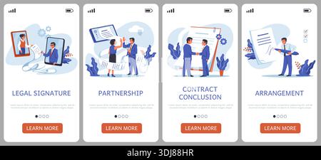 Contract signing. Documents signature. Mobile onboarding interface. Smartphone display template. Business partnership. Electronic agreement. Partners deal. Online service UI. Vector web banners set Stock Vector