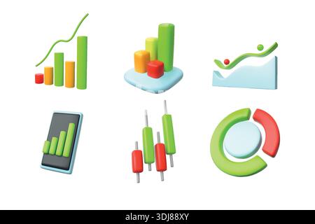 3D chart. Stock data graph. Finance statistic bar. Business graphic with arrow and pie. Financial analysis. Infochart histogram. Column or circle information diagram. Vector analytic render icons set Stock Vector