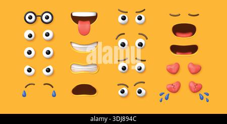 3d face. Cartoon broken heart emoji. Fun character emoticon creator with happy expression. Avatar emotion parts. Facial kit. Eye with brow. Emotional smile. Vector constructor isolated elements set Stock Vector