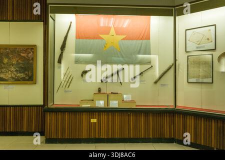 Hanoi, Vietnam - September 13, 2022: A glass display case at the National Museum of History features a large Vietnamese flag with a yellow star, historical weapons including rifles, spears, and a pistol, as well as framed documents and artifacts. Stock Photo