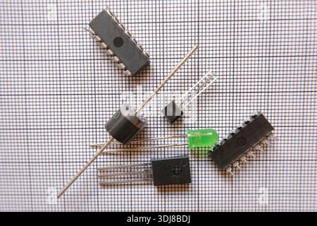 Semiconductor electronic components. Transistors, integrated circuits and diodes. Stock Photo