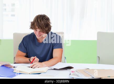 Open textbooks, spiral notebook, and red pen are resting on white table near windows. Study, daylight, student, library, focus, writing, reading Stock Photo