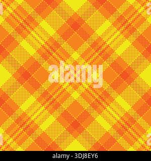 Bright orange and yellow pixelated plaid pattern. A modern, digital twist on classic tartan, perfect for energetic backgrounds, retrothemed web design Stock Vector