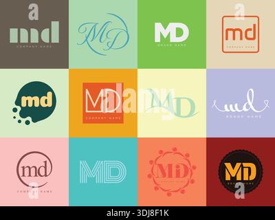 MD logo company template. Letter m and d logotype. Set different classic serif lettering and modern bold text with design elements. Initial font typog Stock Vector