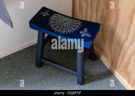 Blue Wooden Stool Butterfly Floral Pattern Seat Stock Photo