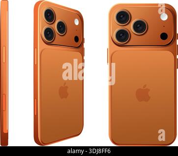 Realistic orange smartphone mockup showing multiple angles and camera details, suitable for app presentations, UI showcases, tech branding, and produc Stock Vector