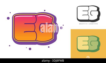 EG logo design for festival or party. Initial letter e and g in graffiti style. Creative modern lettering company name of font typography. Kids trendy Stock Vector