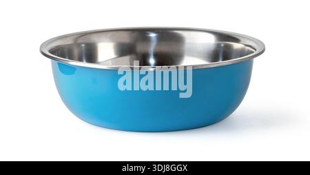 Empty blue metal bowl standing on a white background, useful for cooking and baking Stock Photo