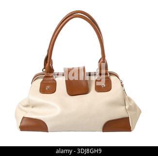 Elegant leather handbag in white and brown colors with a transparent background Stock Photo