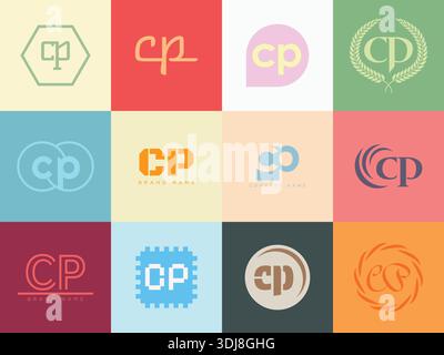 CP logo company template. Letter c and p logotype. Set different classic serif lettering and modern bold text with design elements. Initial font typog Stock Vector