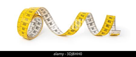 Yellow textile measuring tape for sewing, tailoring, fitness, and diet on white background Stock Photo