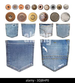 Collection of various blue jeans pockets and different metal buttons on transparent background Stock Photo