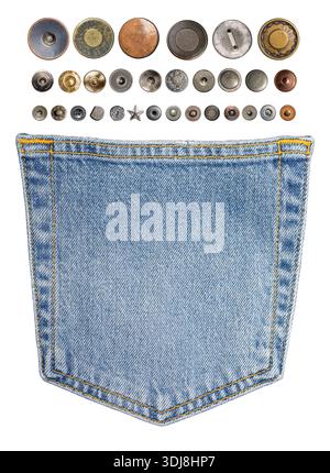 Blue jeans back pocket with yellow stitching and collection of clothing metal buttons, on transparent background Stock Photo