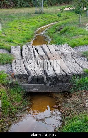 A rustic wooden log bridge spans a small, muddy stream in a lush, green natural landscape, creating a peaceful scene. Stock Photo