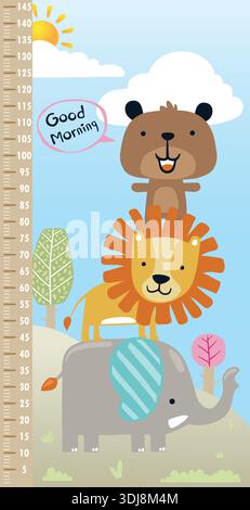 Children height chart with cute stacked zoo animals illustration. Stock Vector