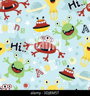 Colorful cute aliens and monsters in space seamless pattern background. Stock Vector