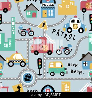 Colorful city traffic and emergency vehicles seamless pattern for nursery decor. Stock Vector