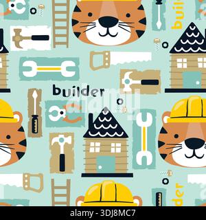 Colorful tiger builder and construction tools seamless pattern for kids. Stock Vector