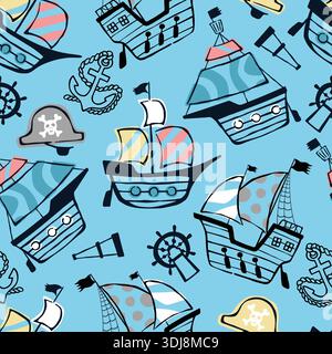 Pirate ships and nautical elements seamless pattern for children's decor. Stock Vector