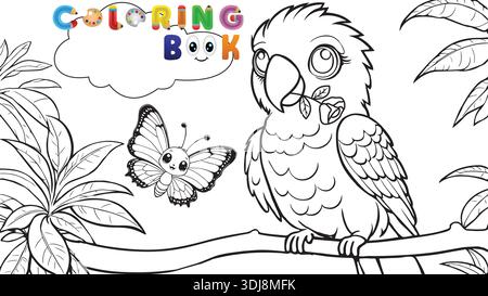 Cute parrot perched on a branch with a butterfly in a tropical jungle coloring book page. Stock Vector