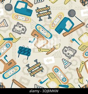 Seamless pattern with hand-drawn construction vehicles and equipment for kids. Stock Vector