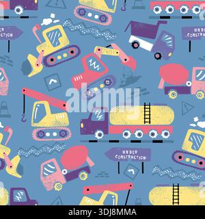 Colorful construction vehicles and heavy machinery seamless pattern for children's decor. Stock Vector