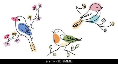 Minimalist continuous line art illustrations of birds on flowery branches with abstract colors. Stock Vector