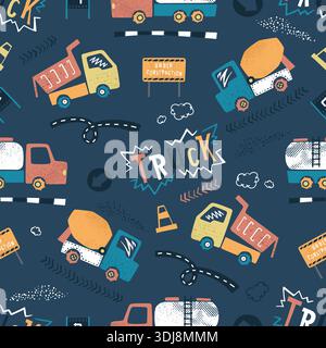 Hand-drawn doodle construction trucks and heavy machinery seamless pattern for children's fabric. Stock Vector
