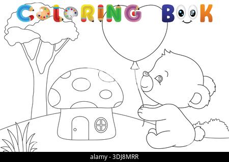 Cute teddy bear with a heart balloon and mushroom house coloring book page. Stock Vector