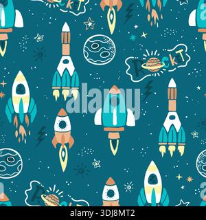 Hand-drawn doodle space rocket and planet seamless pattern for kids. Stock Vector