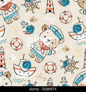 Cute sailor bear nautical seamless pattern with ships, lighthouses and anchors for children's fabric. Stock Vector