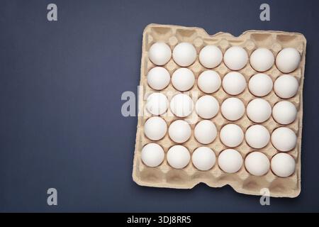 Easter Eggs in carton box, minimal style composition on dark blue background. Top view Stock Photo