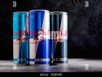 LONDON,UK - JULY 15, 2025: Aluminium cans of Red Bull original and zero sugar with zero calories energy drinks on dark table. Stock Photo